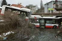 Autobus po nehode skončil v B. Bystrici v potoku 